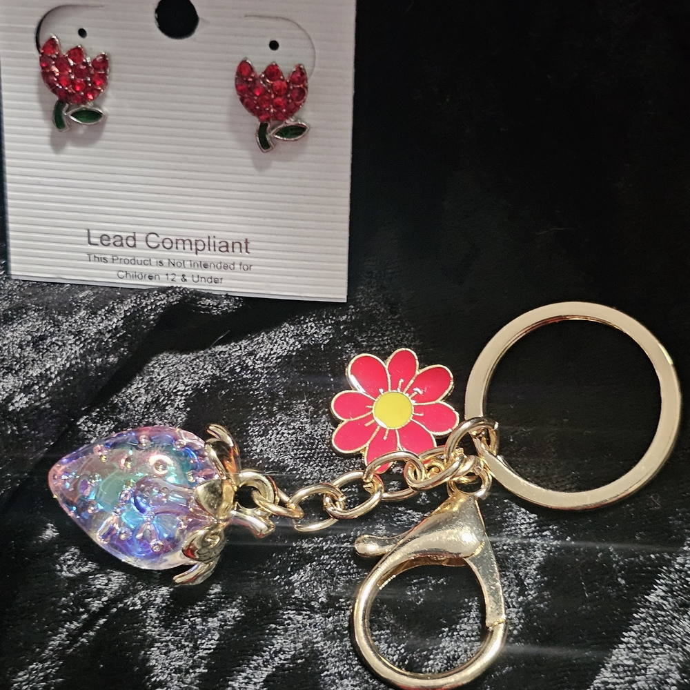 Red Flower Earrings & Gold Keychain with Pink Flower and Strawberry Charm
